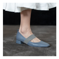 金三志2021早春新款女鞋方头套脚色皮浅口百搭中跟粗跟玛丽珍单鞋子休闲鞋