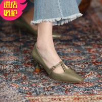 金三志方头漆皮高跟鞋女2021春款皮浅口玛丽珍鞋四季鞋细跟t字带单鞋休闲鞋