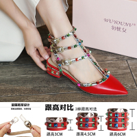 金三志[勿忧女 升级版]2020铆钉尖头凉鞋粗跟彩钉小码包头高跟单鞋女休闲鞋