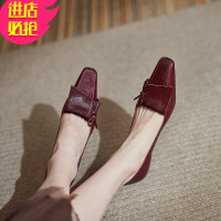 金三志鹿与奈良时尚气质文艺淑女法式复古皮细中跟方头浅口单鞋女春季休闲鞋