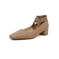 金三志江小宛 赫本玛丽珍粗跟复古中跟浅口女单鞋百搭绑带外穿芭蕾舞鞋休闲鞋