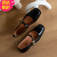 金三志棕色漆皮玛丽珍鞋女复古方头皮英伦小皮鞋一字扣粗跟学院风单鞋休闲鞋