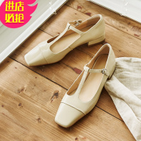 金三志慕沫新款方头一字扣单鞋女粗跟漆皮T字型带浅口复古红色玛丽珍鞋休闲鞋