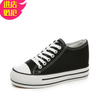 金三志2020春季新款内增高帆布鞋女韩版百搭松糕底球鞋黑色厚底学生板鞋休闲鞋