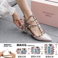 金三志[勿忧女 升级版]彩钻铆钉尖头凉鞋粗跟彩钉小码包头高跟单鞋女休闲鞋