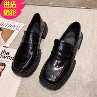 金三志鞋子女2021新款复古方头粗跟黑色单鞋英伦小皮鞋一脚蹬工作乐福鞋休闲鞋