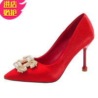 金三志红色高跟鞋女2020年新款细跟尖头气质珍珠中式秀禾鞋婚鞋新娘鞋子休闲鞋