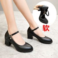 金三志模特旗袍走秀高跟鞋子女黑色皮鞋一字扣带防水台圆头中跟粗跟单鞋休闲鞋