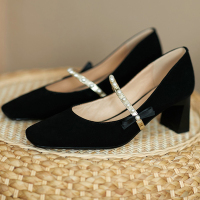 金三志高跟鞋女2021新款复古粗跟宴会气质蝴蝶结旗袍单鞋珍珠玛丽珍女鞋休闲鞋