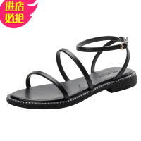 金三志凉鞋2021年新款夏季时装百搭学生平底细带一字带罗马鞋仙女鞋夏天凉鞋