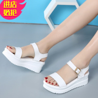 金三志2020新款夏季皮坡跟凉鞋厚底舒适护士白色女凉鞋松糕跟休闲学生凉鞋