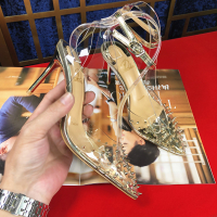 金三志2021铆钉尖头鞋欧美明星同款高跟鞋透明胶一字带中空细高跟女凉鞋凉鞋