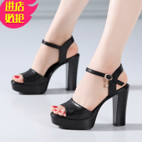 金三志头层高跟凉鞋夏款舒适防水台粗跟走秀女鞋一字扣皮女凉鞋子凉鞋