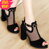 金三志鱼嘴网纱鞋女粗跟铆钉夏季2021新款春款网面洋气高跟中年妈妈凉鞋凉鞋