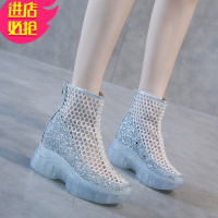 金三志2021超高跟透气凉鞋夏季厚底镂空内增高果冻水晶底女靴子网纱短靴凉鞋