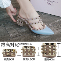 金三志[勿忧女 升级版]2021中跟铆钉尖头拖鞋小码半拖包头粗跟凉鞋女凉鞋