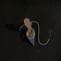 金三志[苏小凡]包头浅口水钻珍珠一字扣凉鞋女尖头细跟高跟鞋水晶鞋女凉鞋