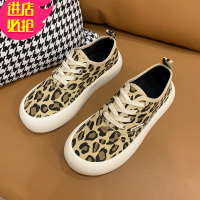 金三志2021春季新款小单鞋女系带圆头超酷豹纹帆布鞋欧美风懒人乐福鞋帆布鞋