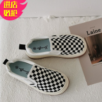 金三志鲁鲁蛋 ins棋盘黑白格子帆布鞋女春季厚底学生百搭一脚蹬休闲板鞋帆布鞋
