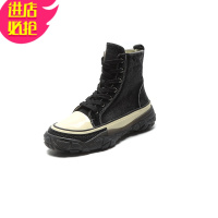 金三志厚底高帮鞋女春2021新款百搭复古水洗帆布鞋女增高松糕鞋休闲板鞋帆布鞋