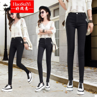 好随意(HAOSUIYI) 2018夏装新品弹力绣花黑色小脚铅笔裤单扣打底裤 牛仔裤 H79
