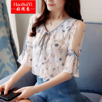 好随意(HAOSUIYI) 208一字领露肩碎花雪纺衫短袖宽松超仙印花上衣小衫女H342