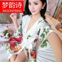MOONRINS梦韵诗夏短袖真丝睡衣女款性感睡袍单件睡裙古典和服系带美女浴袍家居服