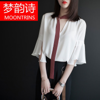 MOONRINS梦韵诗夏装新款女V领短款喇叭袖雪纺衫仙女短袖荷叶边气质雪纺上衣