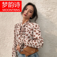 MOONRINS梦韵诗2018春装新款 复古港味chic小碎花雪纺衫衬衫女 上衣打底长袖衬衣