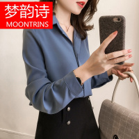 MOONRINS梦韵诗2018新款女装春装简约衬衫女长袖雪纺上衣纯色韩范打底衬衣