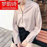 MOONRINS梦韵诗港味复古chic风宽松V领长袖白色雪纺衬衫女 春装上衣2018新款衬衣