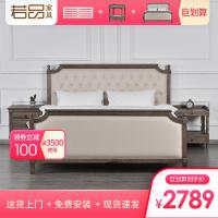 北橡木美式法式欧式乡村风罗马柱实木床软包亚麻布艺双床