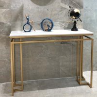 轻奢金色铁艺大理石玄关桌酒店售楼部端景台玄关台走廊条案案几