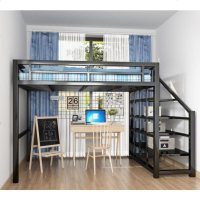 北欧铁艺双人床现代简约宿舍多功能楼阁公寓吊架床高架床上床下桌