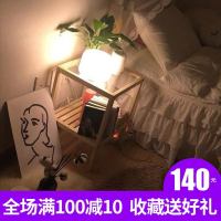 ins风床头柜透明玻璃桌面北欧卧室边几床边桌木制原木小型床头柜