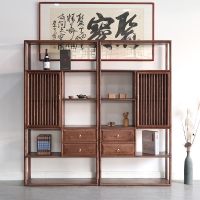 新中式博古架榆木书柜展示立柜客厅茶饼仿古博古架多宝阁黑胡桃木