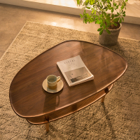 实木轻奢黑胡桃北欧风日式双层椭圆茶几小户型原木全实木简约现代