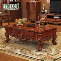 美式茶几 实木花客厅带抽屉复古长几茶桌 欧式大理石茶几