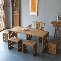 新款实木茶桌椅凳组合老榆木泡茶台几仿古旧板禅椅会议餐桌民宿