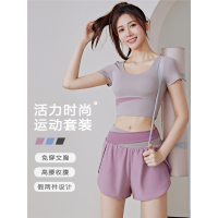 瑜伽服女 夏季款专业训练晨跑步速干大码健身套装闪电客运动短袖上衣