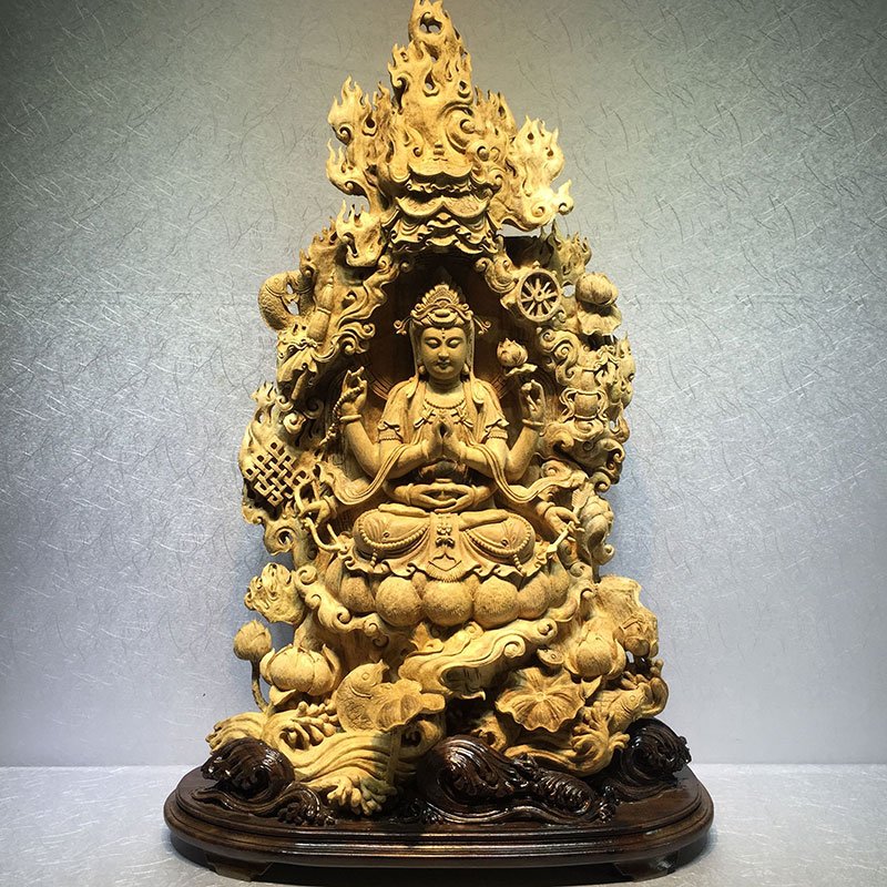 沉香木雕刻如意南海观音菩萨佛像根雕自在观音摆件供奉镇宅工艺品