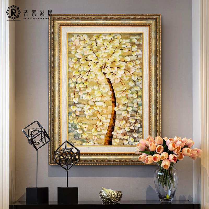 玄关装饰画竖版过道欧式单幅挂画走廊美式壁画客厅卧室油画发财树