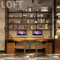 尋木匠LOFT电脑桌台式桌家用写字桌美式实木书桌书架组合一体办公桌