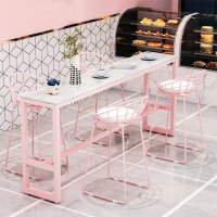 尋木匠北欧大理石吧台桌粉色奶茶店吧台桌椅组合靠墙高脚桌ins长桌家用