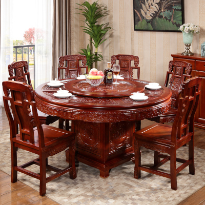 尋木匠实木餐桌圆形中式花大圆桌带转盘1.5/1.8米家用10人饭桌椅组合