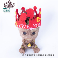 封后空气凤梨懒人无土植物多肉花卉树人格鲁特盆栽Groot花盆绿植花卉 红色情人节童趣鸟窝+红精灵 含盆