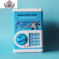 封后儿童卡通防摔只进不出密码解锁自动卷钱卷币储蓄存钱罐抖音可爱 蓝色珀利款带电池储物罐