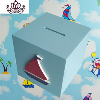 封后存钱罐不可取成人儿童只进不出创意女生可爱大号超大巨型木储蓄罐 蓝色帆船只进不出中号