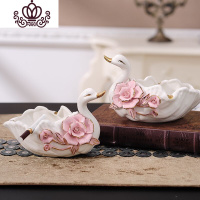 封后蓝色小天鹅烟灰缸陶瓷创意欧式个性北欧家用客厅简约家居装饰摆件 白身粉花小天鹅一对