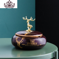 封后欧式陶瓷烟灰缸带盖防风创意个性潮流办公室大号鹿头套装 玛瑙紫-带金鹿盖摆件